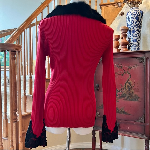 Vintage WR Red Zipper Front Lace Embellished Sweater Faux Fur Collar Sz M NWT - Picture 5 of 11